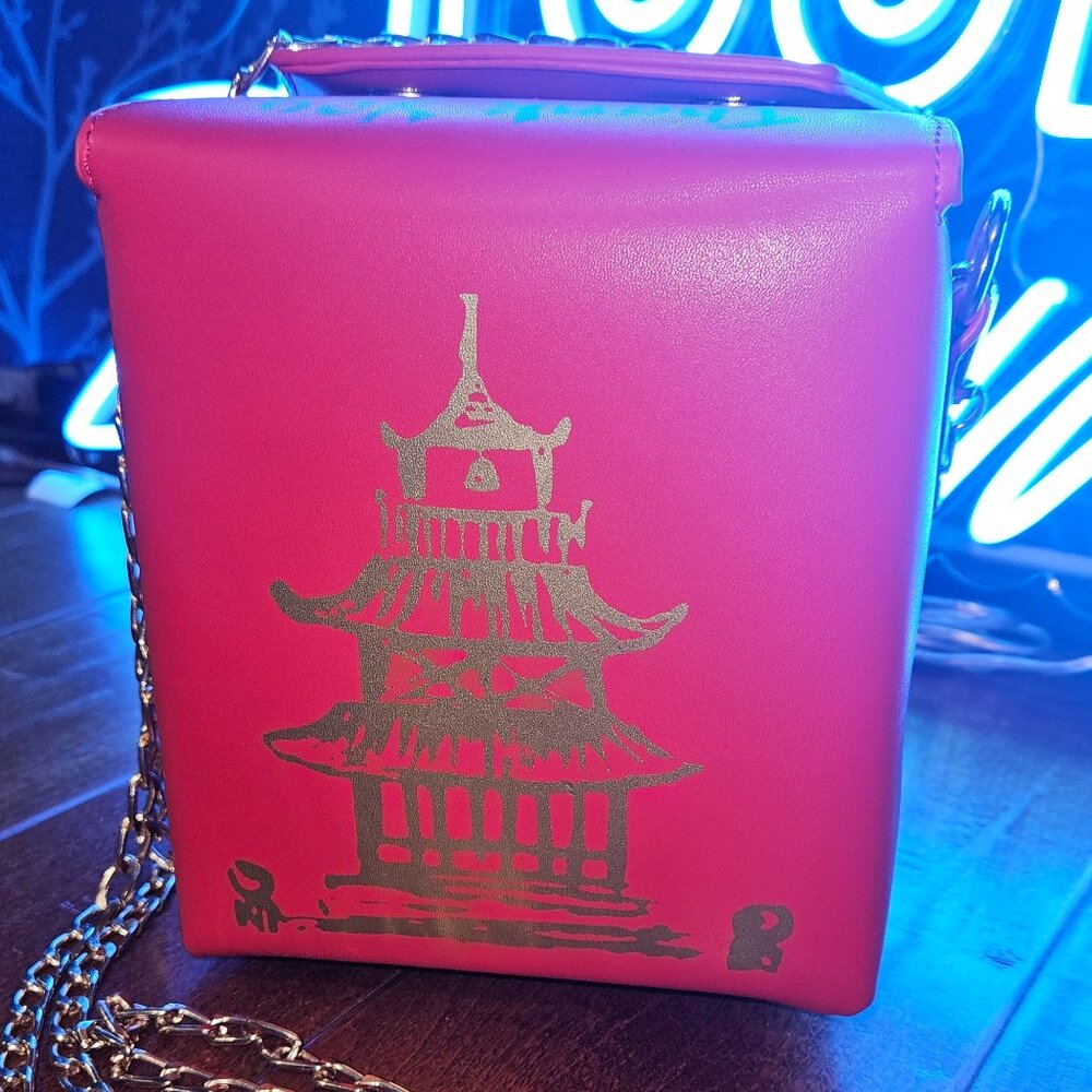 3AM FOREVER Red Chinese takeout bag with gold tone chain strap
